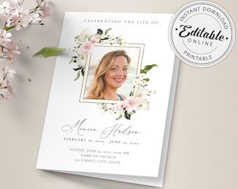 Funeral Program Template, Floral Memorial Program, Editable Memorial Service Template, Order Of Service, Printable Funeral Program