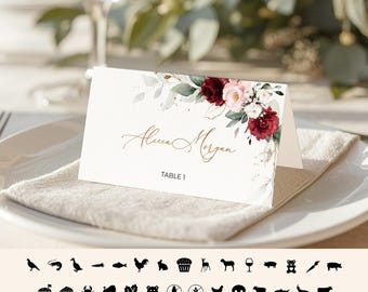 Tarjetas de mesa para bodas en color burdeos, editables (plegables planas y plegables tipo tienda de campaña) (Descarga instantánea)