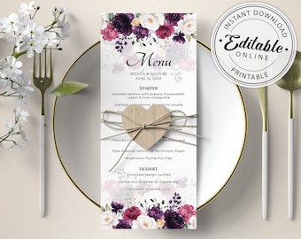 May include: Printable wedding menu template with a floral design in shades of purple, pink, and white. The menu features a starter, main course, and dessert options. The text reads "Menu", "Jessica & Nicolas", "June 15, 20XX", "Starter", "Smoked salmon with prawns, horseradish cream & lime vinaigrette", "Scallops chorizo & peanut picada", "Charred Cty Potato and", "Slow-Rasted Salmon in Parchment Paper", "Mushroom-Thyme Pot Pies", "Dessert", "Chocolate heaven sundae", "Vanilla and strawberry cheesecake", "Ice-cream or sorbet cone".