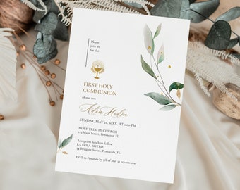 May include: A white invitation card with gold lettering and a watercolor illustration of green leaves. The text reads "Please join us for the First Holy Communion of our son Alan Heder. Sunday, May 31, 20XX, at 2:00 PM. Holy Trinity Church 121 Main Street, Pensacola, FL. Reception lunch to follow La Rosa Bistro 54 Briggane Street, Pensacola, FL. RSVP to Amanda by 5th of May at 123-000-000."
