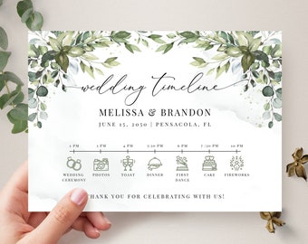 Greenery Wedding Timeline Card Template, Wedding Day Schedule Card Template • INSTANT DOWNLOAD • Editable, Printable Template, A107