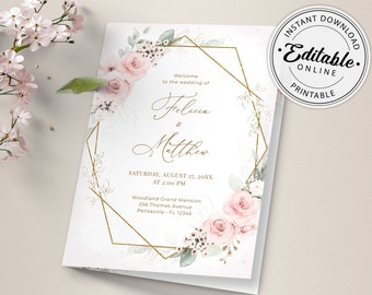 Plantilla de programa de boda plegable con rosas rosadas (descarga digital) #126