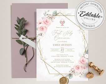 May include: A white and gold geometric frame with pink and green floral illustrations. The text reads "Please join us for the First Holy Communion of our daughter Emily Hudson, August 27, 20XX, 3:00 PM, Holy Trinity Church, 12 Nunc Road, Pensacola, FL 34456, Reception lunch to follow at the McCartney's Residence, 456 Mint Street, Pensacola, FL 34456, Kindly RSVP to Mary by 10 August at 123 000 000".