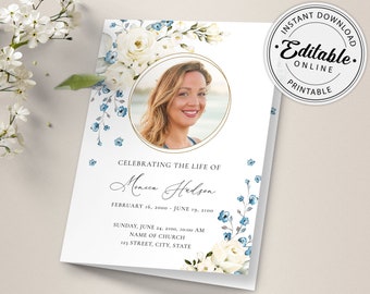 Funeral Program Template, White and Blue Memorial Program Template, Order of Service • INSTANT DOWNLOAD • Editable, Printable Template