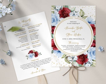 Blue and Burgundy Wedding Fan Program Template, Wedding Order of Service • INSTANT DOWNLOAD • Editable, Printable Template, #139