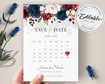 Burgunder- und dunkelblauer Kalender Hochzeit Save the Date Template • SOFORTIGER DOWNLOAD • Bearbeitbare, druckbare Vorlage, A123