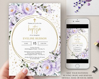 May include: Purple and white floral baptism invitation with gold accents. The invitation features a cross, the words "baptism" and "Eveline Hudson", the date "June 15", and the time "2:00 PM".