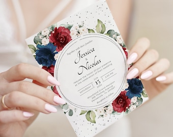 Burgundy and Navy Blue Floral Wedding Invitation Template (Digital Download) A123