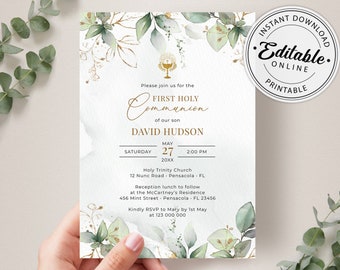 May include: A white and gold first communion invitation with a watercolor floral design. The invitation features the text "First Holy Communion" and the name "David Hudson". The date and time of the event are listed as "May 27, 20XX at 2:00 PM". The invitation also includes the location of the event, "Holy Trinity Church, 12 Nunc Road - Pensacola, FL".