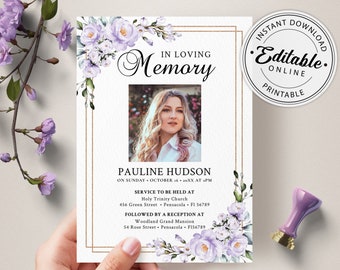 Lavender Funeral Announcement Card Template, Funeral Invitation Template, Editable, Printable Memorial Service/Reception Card Template