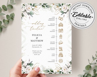 Greenery Wedding Timeline Card Template, Wedding Day Schedule Card Template • INSTANT DOWNLOAD • Editable, Printable Template, A109