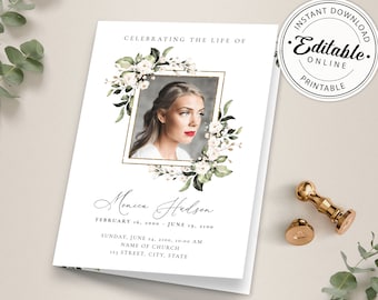 Funeral Program Template, Floral Memorial Program, Editable Memorial Service Template, Order Of Service, Printable Funeral Program