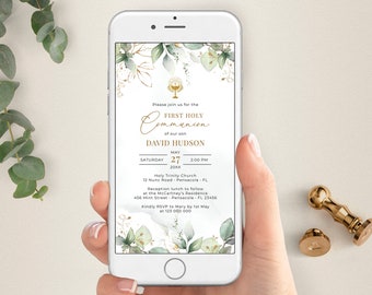 Electronic Greenery First Holy Communion Invite Template, Smartphone Invitation, Evite, A112