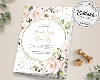 Blush Pink Roses Folded Wedding Program Template (Editable, Printable, Instant Download) A117