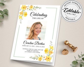 Funeral Program Template with Daffodils, Memorial Program Template, Order of Service • INSTANT DOWNLOAD • Editable, Printable Template