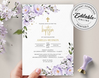 Lavender Floral Baptism Invitation Template: Editable Printable (Instant Download)