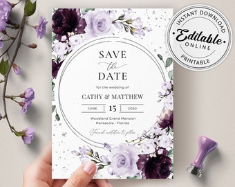 Purple and Lavender Save the Date Template, Floral Save the Date Template • INSTANT DOWNLOAD • Editable, Printable Template, A124