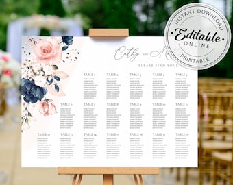 Navy Blue and Blush Pink Seating Chart Template • INSTANT DOWNLOAD • Editable, Printable Template, A120