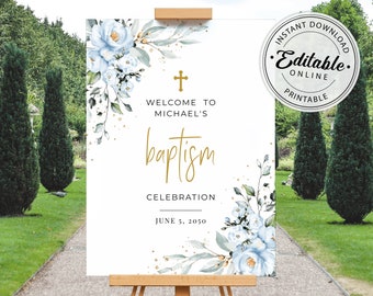 Blue Baptism Welcome Sign Template, Christening/Communion Welcome Sign Template • INSTANT DOWNLOAD • Editable, Printable Template, A118