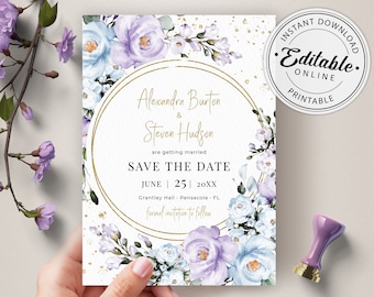 May include: A save the date card with a watercolor floral design in shades of purple and blue. The card features a gold circle with the text "Alexandra Burton & Steven Hudson are getting married" and "Save the Date" with the date "June 25 20XX". The card also includes the location "Grantley Hall - Pensacola - FL" and the text "formal invitation to follow".