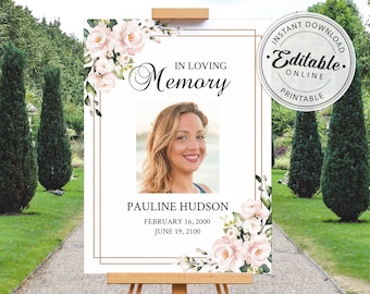Funeral Welcome Sign Template with Pink Roses, Gold Frame Printable Celebration of Life Sign, Instant Download