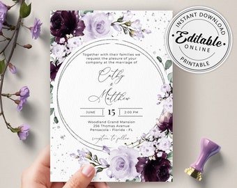 Plantilla de invitación de boda morada, invitación de boda con rosas moradas y lavanda • DESCARGA INSTANTÁNEA • Plantilla editable e imprimible, A124