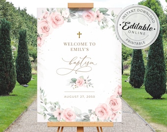 Light Pink Baptism Welcome Sign Template, Christening/Communion Welcome Sign Template • INSTANT DOWNLOAD • Editable, Printable Template,#126