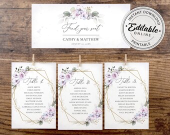 Lavender Floral Wedding Seating Chart Template (Editable Printable)
