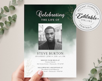 Funeral Announcement Card Template, Funeral Invitation Template, Editable, Printable Memorial Service/Reception Card Template