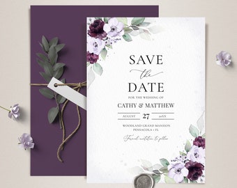 Lavender and Purple Wedding Save the Date Template, Wedding Announcement Card • INSTANT DOWNLOAD • Editable, Printable Template, A133