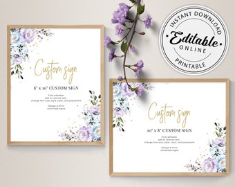 Lavender and Blue Custom Sign Template, Portrait and Landscape Party Sign Template • INSTANT DOWNLOAD • Editable, Printable Template, A100