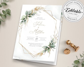 Bi-fold Greenery Wedding Program Template, Wedding Order of Service • INSTANT DOWNLOAD • Editable, Printable Template, A112