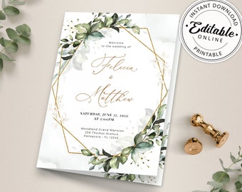 Bi-fold Greenery Wedding Program Template, Order of Service • INSTANT DOWNLOAD • Editable, Printable Template, A105