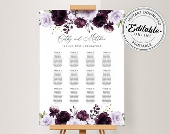 Purple Wedding Seating Chart Template, Dark Plum and Lavender Wedding Seating Plan • INSTANT DOWNLOAD • Editable, Printable Template, A124
