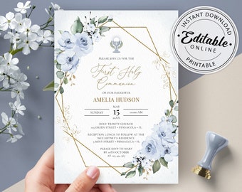 Dusty Blue First Holy Communion Invitation Template • INSTANT DOWNLOAD • Editable, Printable Template, #127