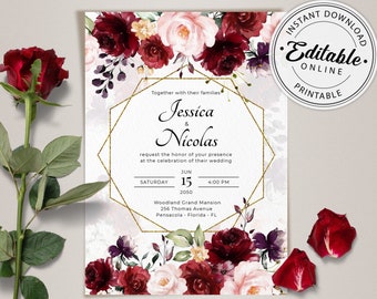 Burgundy Wedding Invitation Template, Floral Marsala Wedding Invitation • INSTANT DOWNLOAD • Editable, Printable Template, A115