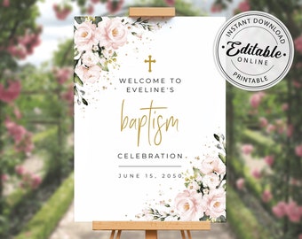 Blush Pink Floral Baptism Welcome Sign Template (Instant Download) A117