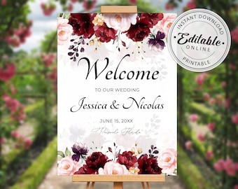 Burgundy Floral Wedding Welcome Sign Template (Instant Download), A115