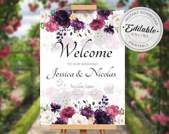 Purple, Fuchsia, and White Roses Wedding Welcome Sign Template (Digital Download) A116