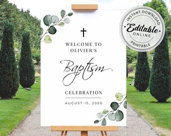 Greenery Baptism Welcome Sign Template, Christening Welcome Sign Template • INSTANT DOWNLOAD • Editable, Printable Template, A111