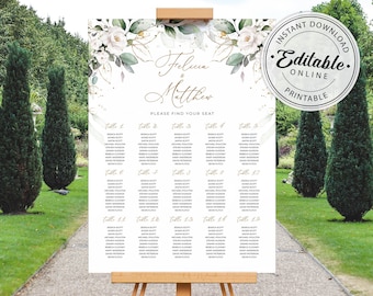 Greenery and White Roses Wedding Seating Chart Template (Digital Download), A109