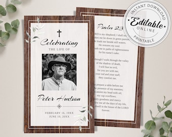 Rustic Funeral Prayer Card Template (Editable, Printable Digital Download)