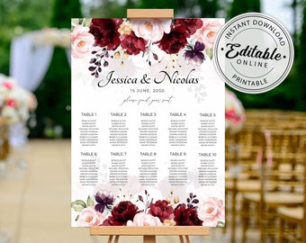 Burgundy Floral Wedding Seating Chart Template (Instant Download) A115