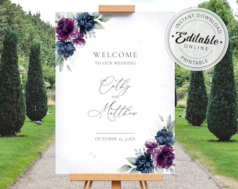 Lila & Marine Blumenhochzeit Willkommensschild Vorlage (Digitaler Download)