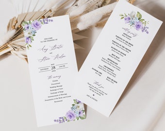 May include: Wedding ceremony program with purple and white flowers. The program includes the names of the bride and groom, Amy and Steven, the date of the wedding, May 28th, and the time, 2:00 PM. The program also includes the names of the officiant, parents of the bride and groom, matron of honor, best man, bridesmaids, groomsmen, flower girl, and ring bearer.