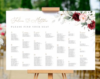 Burgundy and Blush Pink Alphabetical Seating Chart Template (Digital Download)