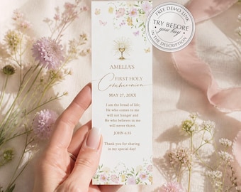 Wildflowers and Butterflies First Holy Communion Bookmark Template, Editable, Printable Keepsake (Instant Download) #161