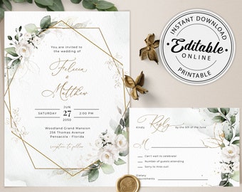 Greenery Wedding Invitation Template, Greenery Wedding Invite with White Roses • INSTANT DOWNLOAD • Editable, Printable Template, A109