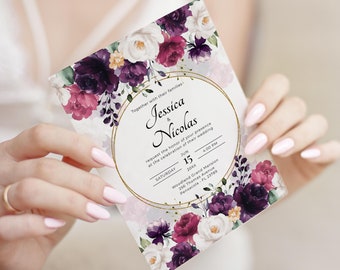 Floral Wedding Invitation Template, Purple, Fuchsia, and White (Instant Download) A116