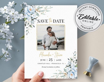 Blue Save the Date Template with Photo, Save the Date Template • INSTANT DOWNLOAD • Editable, Printable Template, A118